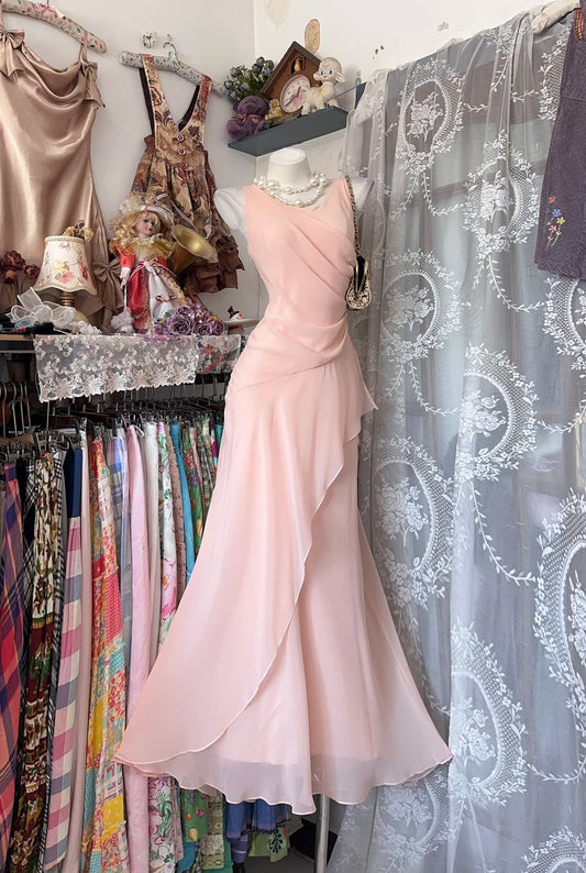 Elegant Round Neck Pink Prom Dress Sheath Tulle Evening Dress MD153