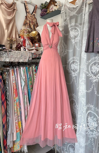 Elegant Halter Neck Pink Prom Dress A-line Tulle Evening Dress MD154
