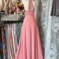 Elegant Halter Neck Pink Prom Dress A-line Tulle Evening Dress MD154