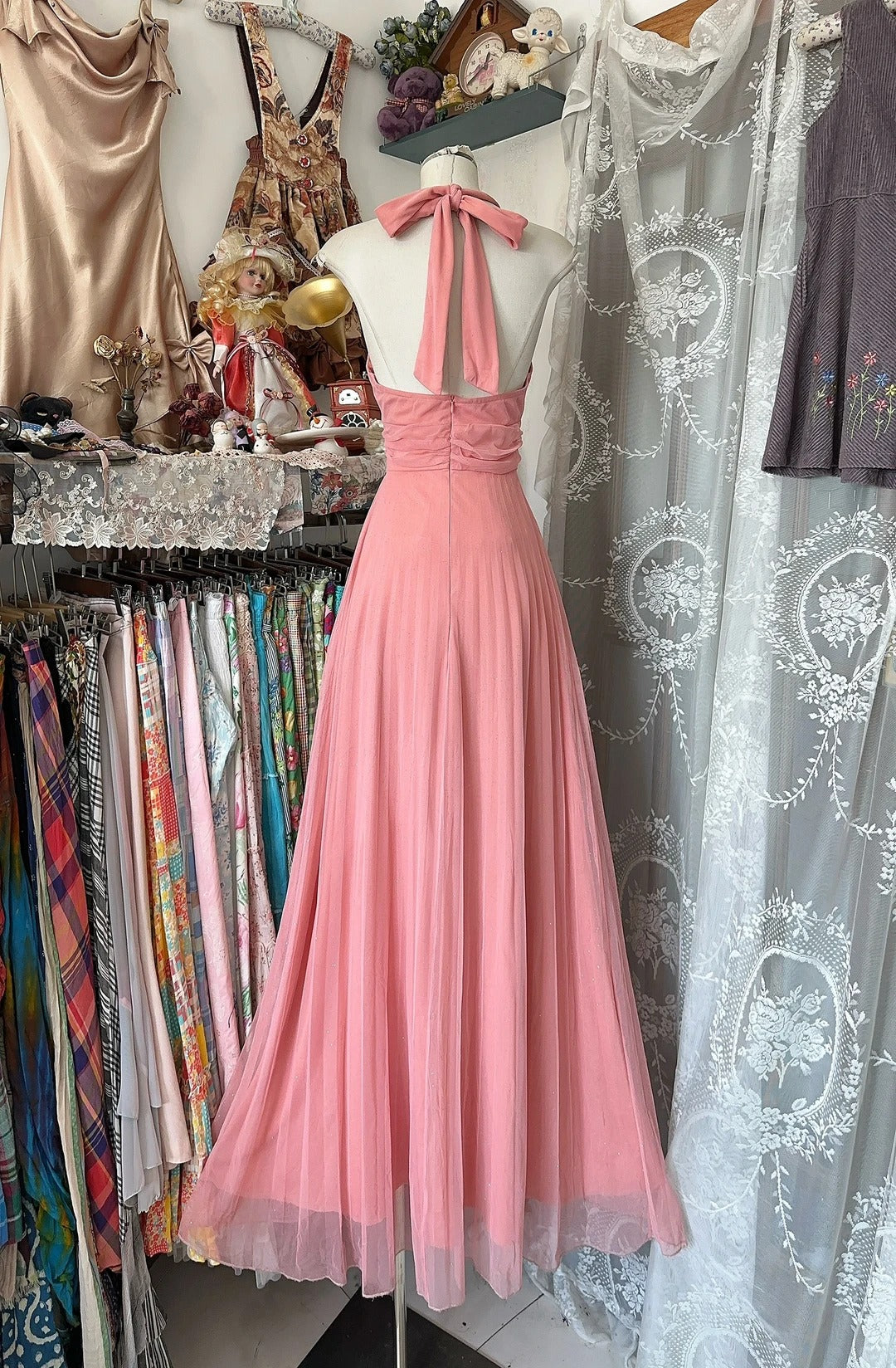 Elegant Halter Neck Pink Prom Dress A-line Tulle Evening Dress MD154
