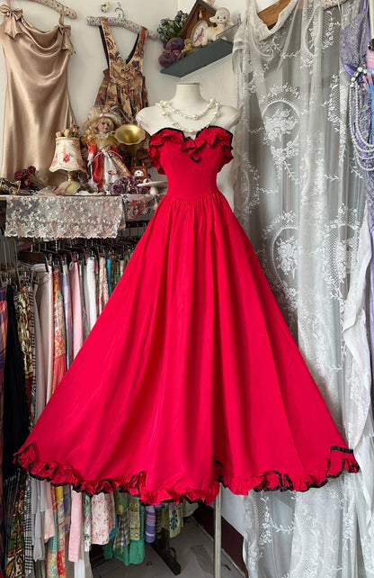 Elegant Off-the-Shoulder Red Prom Dress A-line Satin Ruffled Evening Dress MD156