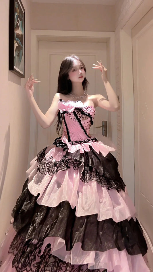 Elegant Ball Gown Pink Long Evening Dress Off-the-Shoulder Lace Prom Dress MD157