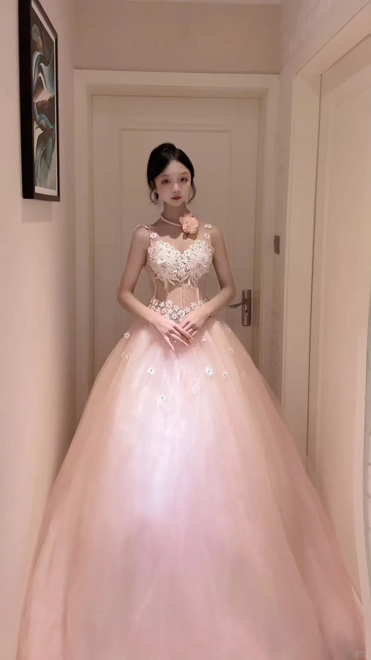 Elegant Ball Gown Pink Long Evening Dress V-Neck Lace Prom Dress MD160