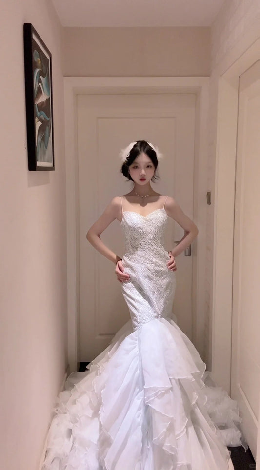 Ethereal Mermaid Long Wedding Dress Spaghetti Straps Ruffled White Prom Dress MD162