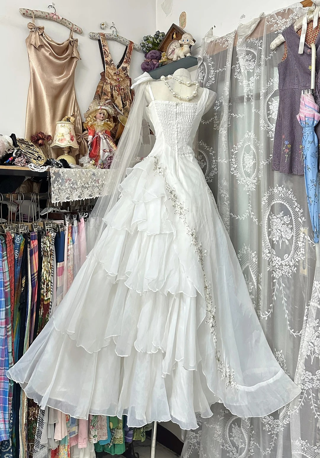 Ethereal A-Line Long Wedding Dress Asymmetrical Neck Tulle Ruffled White Prom Dress MD163