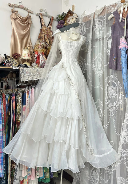 Ethereal A-Line Long Wedding Dress Asymmetrical Neck Tulle Ruffled White Prom Dress MD163