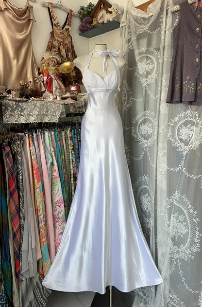 Ethereal A-Line Long Wedding Dress Hatler Neck Satin White Prom Dress MD164