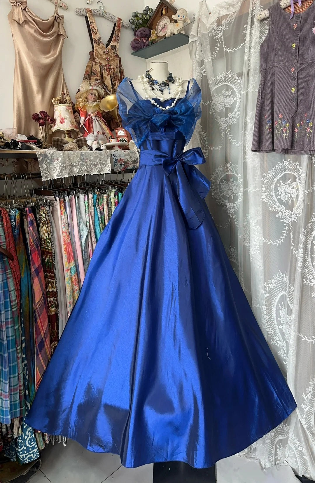 Elegant A-Line Blue Long Evening Dress Spaghetti Straps Satin Prom Dress MD165