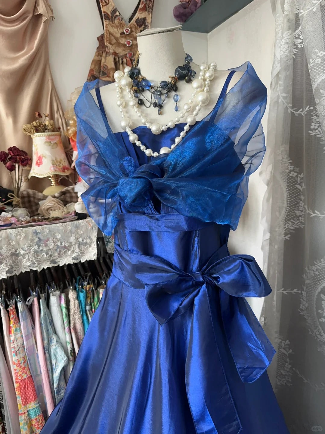 Elegant A-Line Blue Long Evening Dress Spaghetti Straps Satin Prom Dress MD165