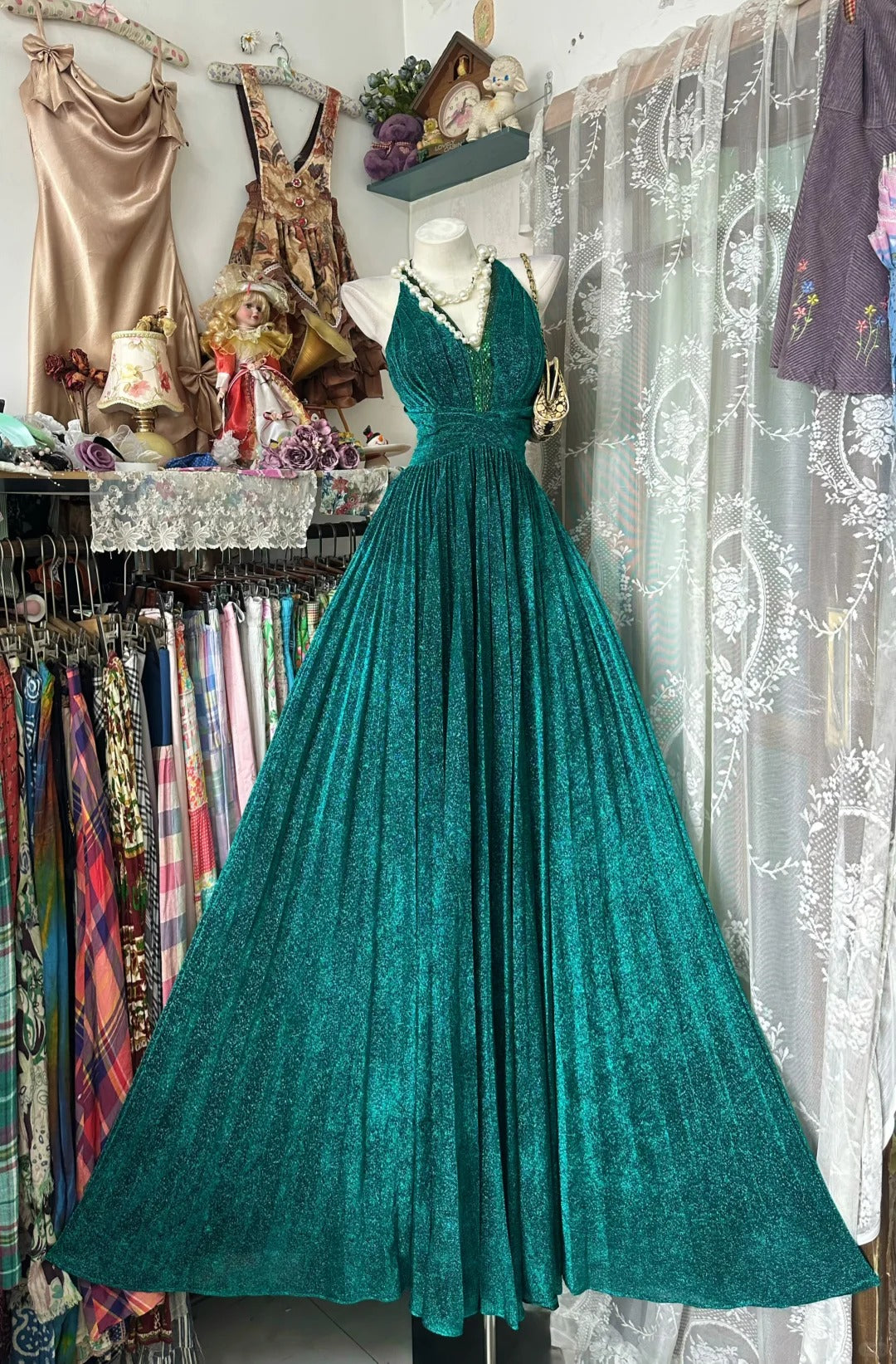 Elegant A-Line Blue Long Evening Dress Hatler Neck Pleated Prom Dress MD166