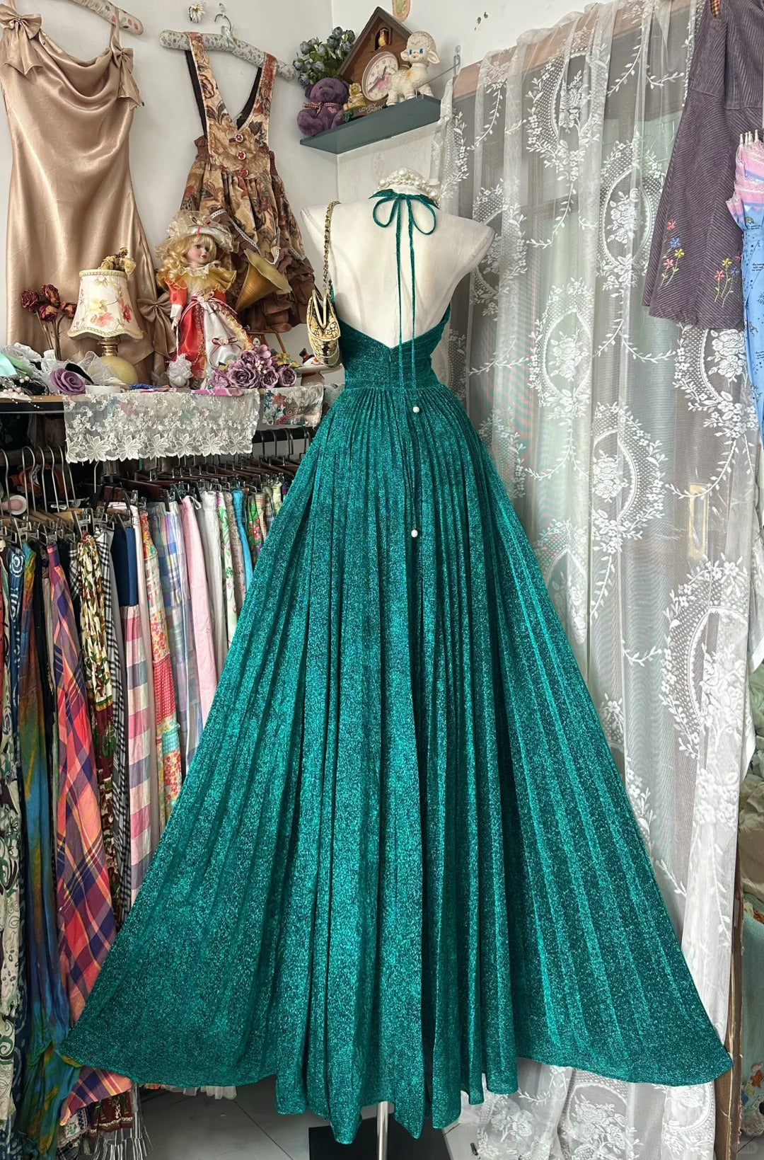 Elegant A-Line Blue Long Evening Dress Hatler Neck Pleated Prom Dress MD166