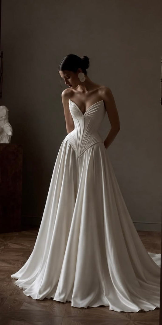 Elegant A-line Long Wedding Dress V-Neck Satin Pleated White Prom Dress MD168