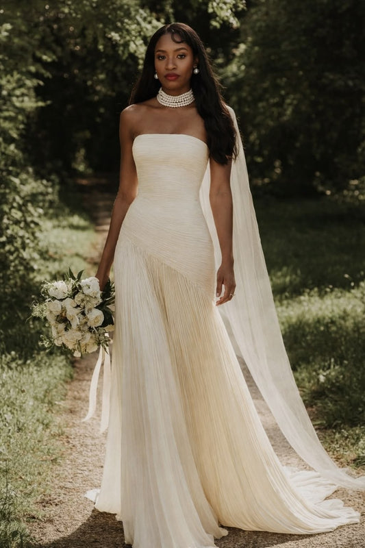 Elegant Sheath Long Wedding Dress Off-the-Shoulder Tulle White Prom Dress MD170