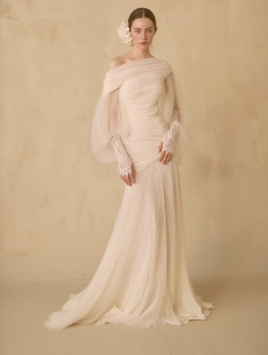 Elegant Sheath Long Wedding Dress Asymmetrial Neck Tulle White Prom Dress MD173