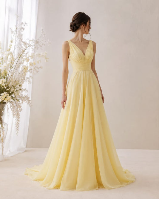 Elegant A-line Yellow Long Evening Dress V-Neck Prom Dress MD175
