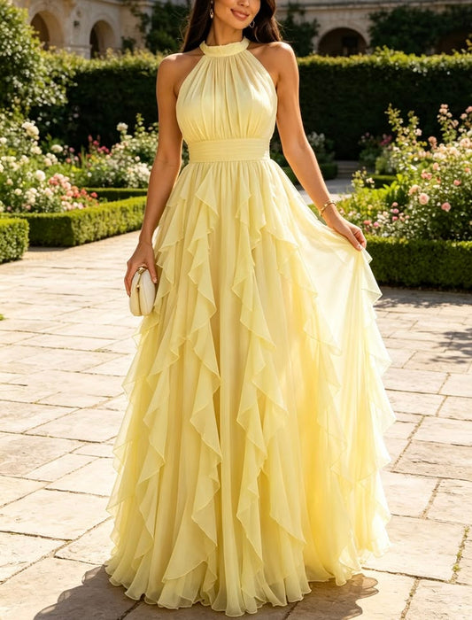 Elegant A-line Yellow Long Evening Dress Halter Neck Satin Ruffled Prom Dress MD177