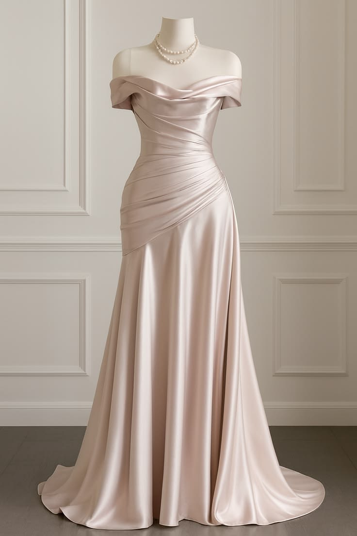 Elegant A-line Champagne Long Evening Dress Off-the-Shoulder Satin Prom Dress MD178