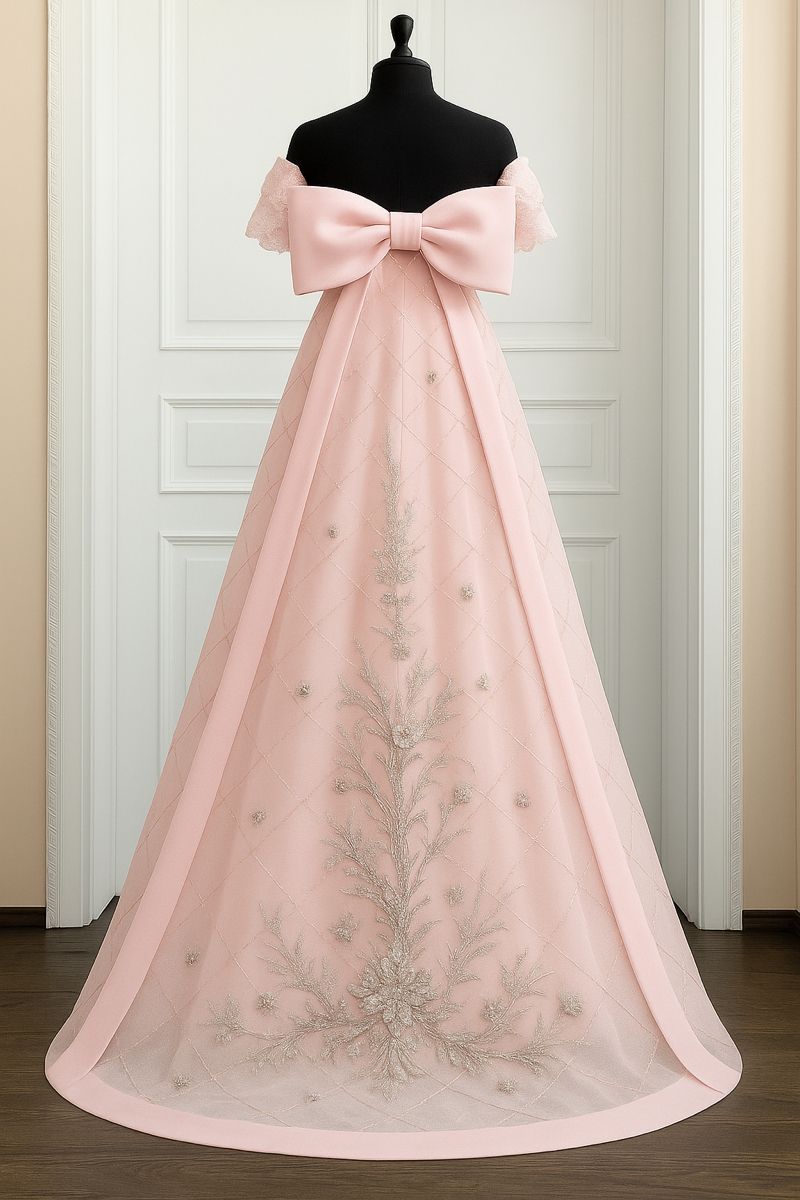 Elegant A-line Pink Long Evening Dress Off-the-Shoulder Beaded Prom Dress MD179