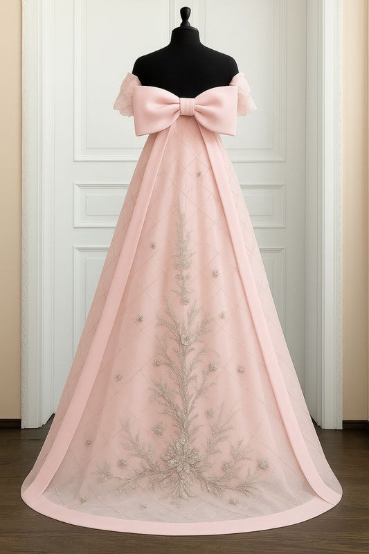 Elegant A-line Pink Long Evening Dress Off-the-Shoulder Beaded Prom Dress MD179