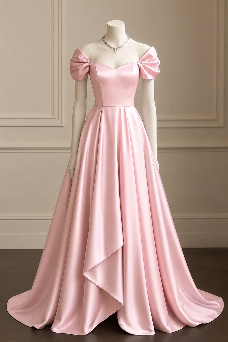 Elegant A-line Pink Long Evening Dress Off-the-Shoulder Satin Prom Dress MD180
