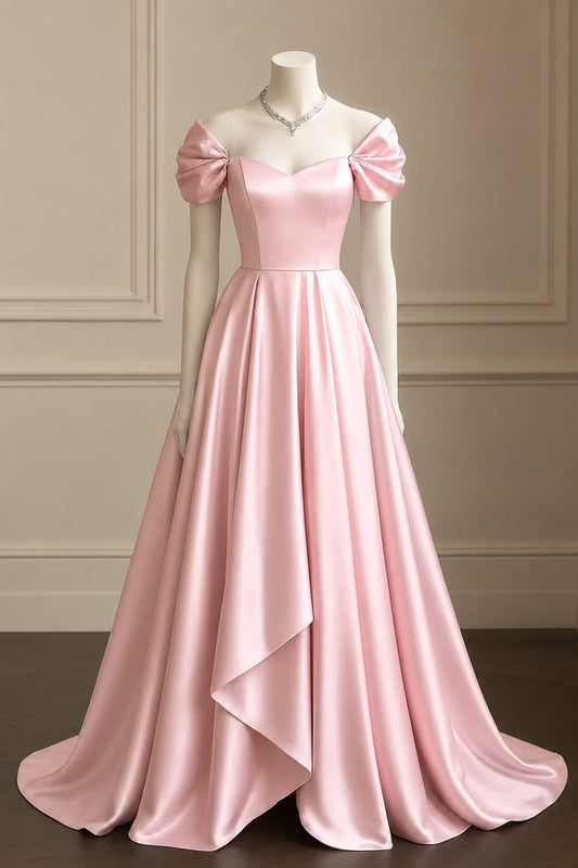 Elegant A-line Pink Long Evening Dress Off-the-Shoulder Satin Prom Dress MD180
