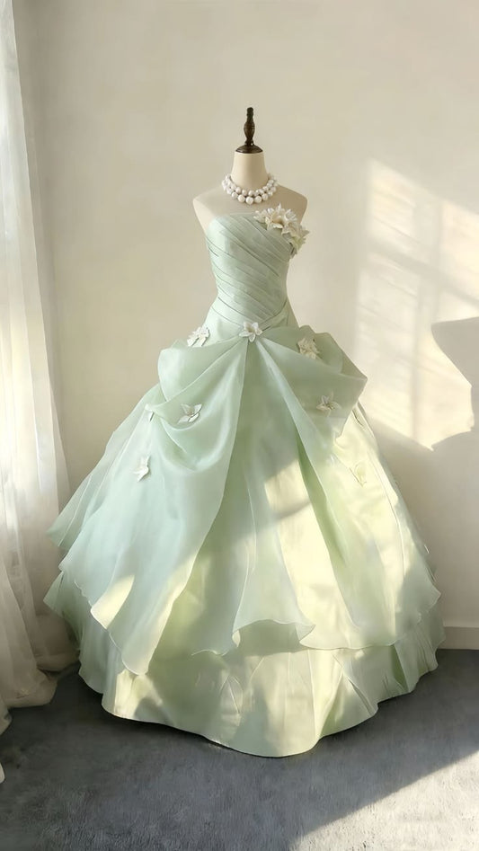 Elegant A-line 3D Floral Appliqué Green Long Evening Dress Off-the-Shoulder Tulle Prom Dress MD182
