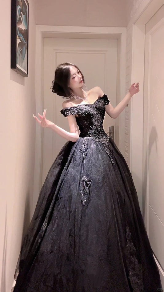 Elegant Ball Gown Black Long Evening Dress Off-the-Shoulder Tulle Prom Dress MD183