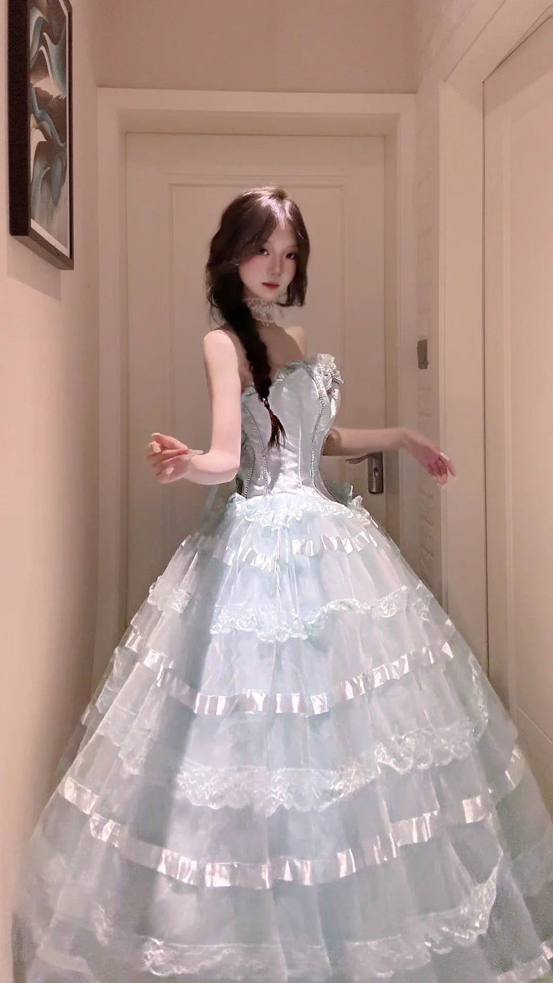 Elegant Ball Gown Blue Long Evening Dress Off-the-Shoulder Cascade Tulle Prom Dress MD184