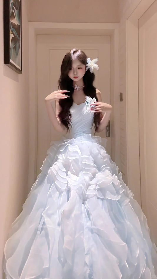 Elegant Ball Gown Blue Sweetheart Long Evening Dress  Cascade Tulle Ruffled Prom Dress MD185