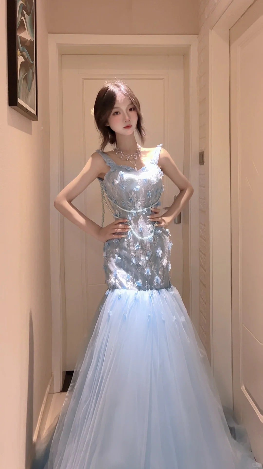Elegant Mermaid Blue Spaghetti Straps Long Evening DressTulle Prom Dress MD186