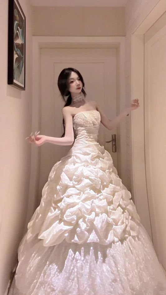 Elegant Ball Gown Long Wedding Dress Off-the-Shoulder Pleated White Prom Dress MD187