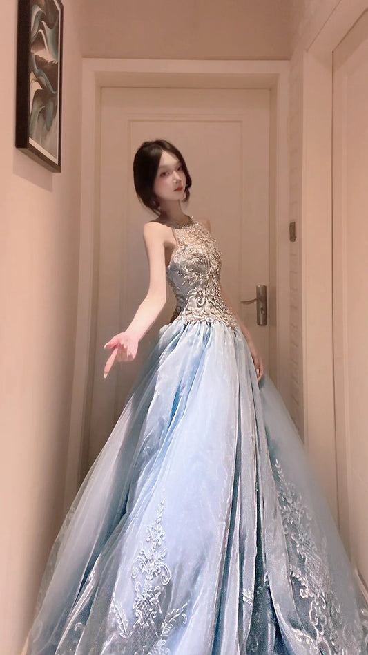 Elegant A-line Blue Halter Neck Long Evening Dress Lace Prom Dress MD189