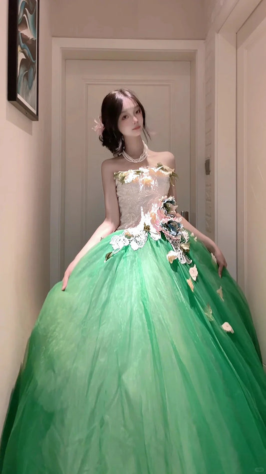 Elegant Ball Gown Green Off-the-Shoulder Long Evening Dress Tulle Prom Dress MD190