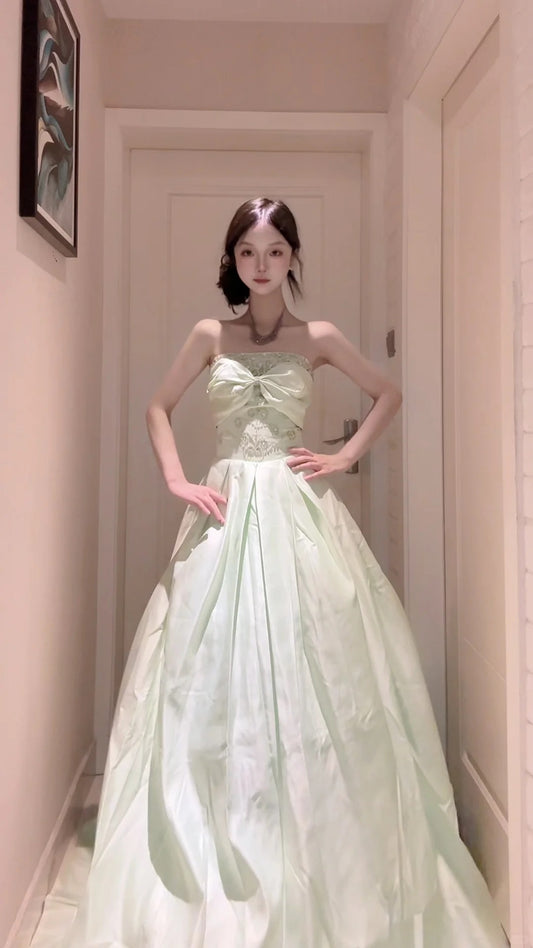Elegant A-line Green Off-the-Shoulder Long Evening Dress Satin Prom Dress MD191