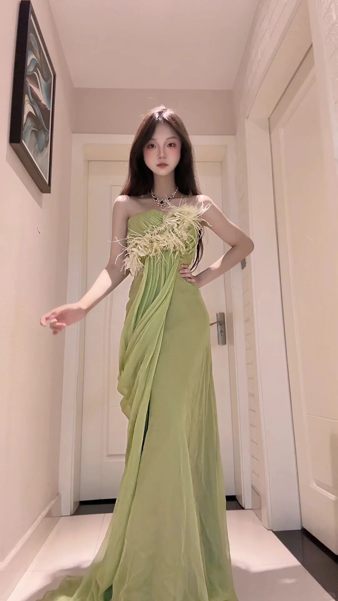 Elegant Sheath Green Off-the-Shoulder Long Evening Dress Pleated Prom Dress MD192