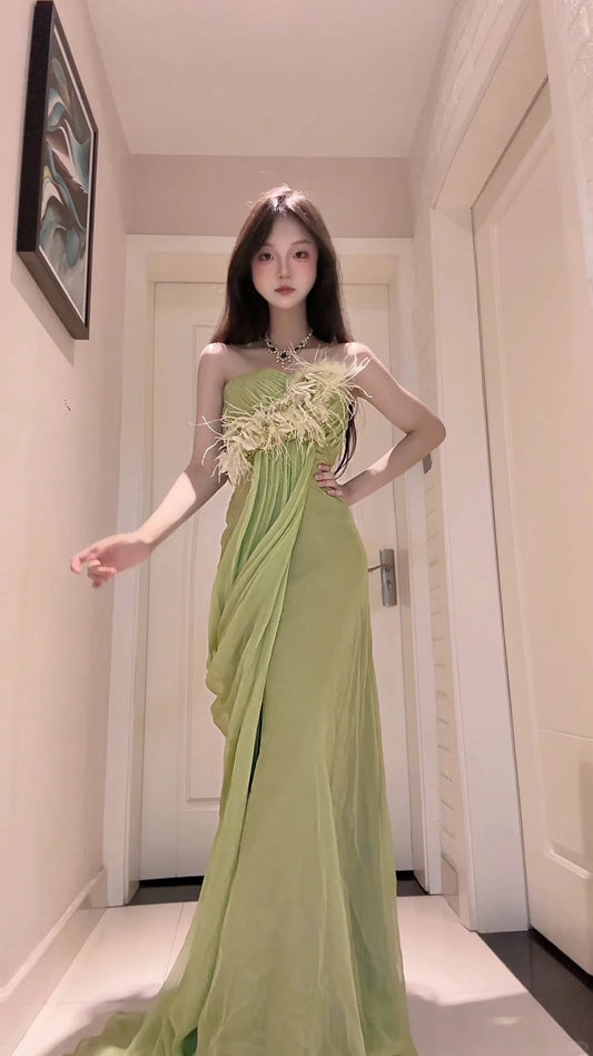 Elegant Sheath Green Off-the-Shoulder Long Evening Dress Pleated Prom Dress MD192