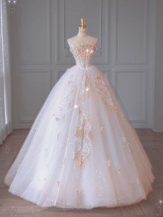 Elegant Ball Gown Long Wedding Dress Off-the-Shoulder Beaded Lace White Prom Dress MD194