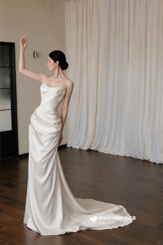 Elegant Mermaid Long Wedding Dress Off-the-Shoulder Satin White Prom Dress MD195