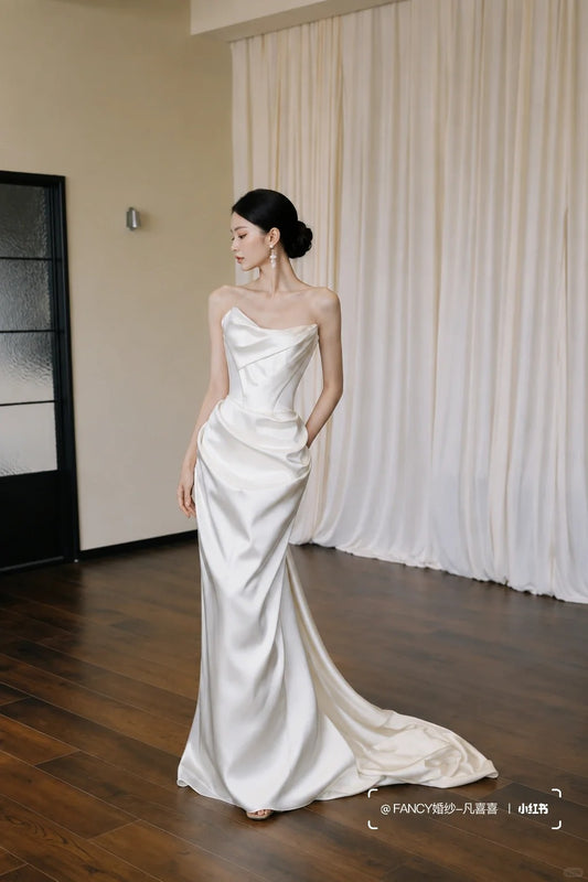 Elegant Mermaid Long Wedding Dress Off-the-Shoulder Satin White Prom Dress MD195