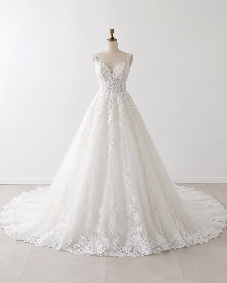 Elegant A-line Long Wedding Dress V-Neck Lace White Prom Dress MD198