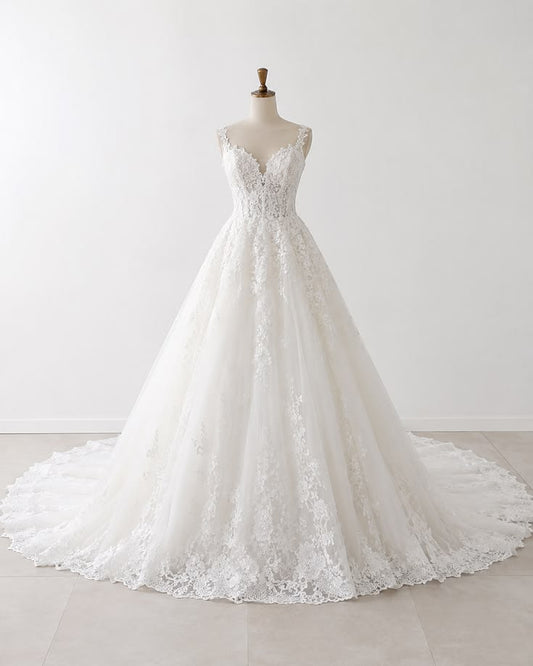 Elegant A-line Long Wedding Dress V-Neck Lace White Prom Dress MD198