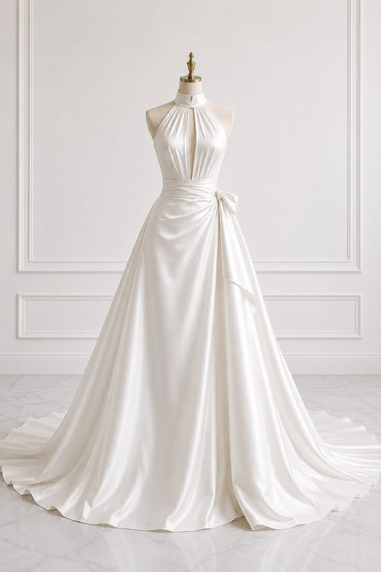 Elegant A-line Long Wedding Dress Halter Neck Satin White Prom Dress MD199
