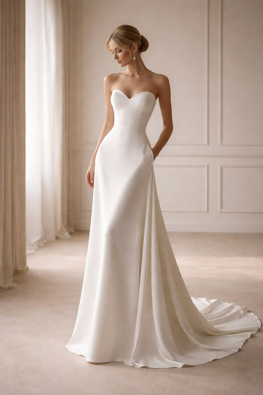 Elegant Sheath Long Wedding Dress Sweetheart Satin White Prom Dress MD200