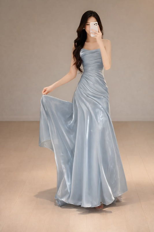 Elegant Sheath Blue Off-the-Shoulder Long Evening Dress Pleated Prom Dress MD203