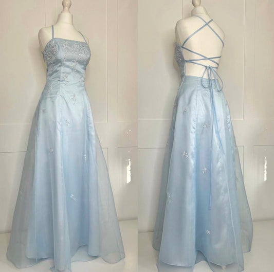 Elegant A-line Blue Halter Neck Long Evening Dress Satin Prom Dress MD205