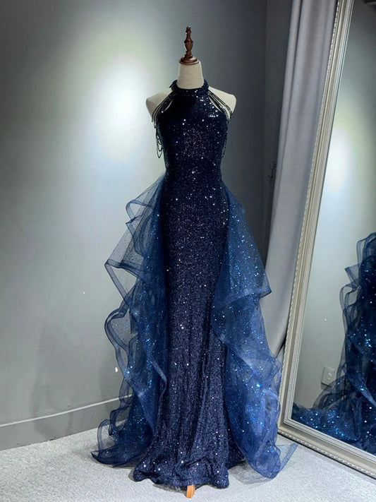 A-Line Tulle Sequin Dark Blue Long Prom Dress, Dark Blue Long Formal Dress MD207