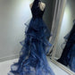 A-Line Tulle Sequin Dark Blue Long Prom Dress, Dark Blue Long Formal Dress MD207