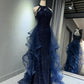 A-Line Tulle Sequin Dark Blue Long Prom Dress, Dark Blue Long Formal Dress MD207