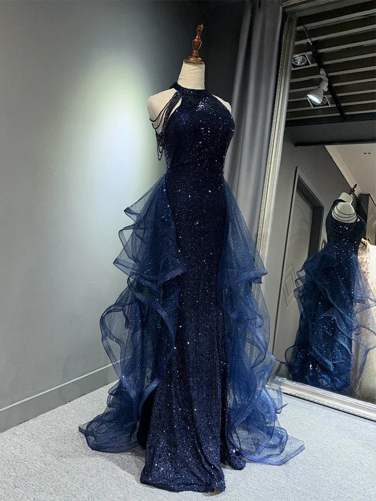 A-Line Tulle Sequin Dark Blue Long Prom Dress, Dark Blue Long Formal Dress MD207