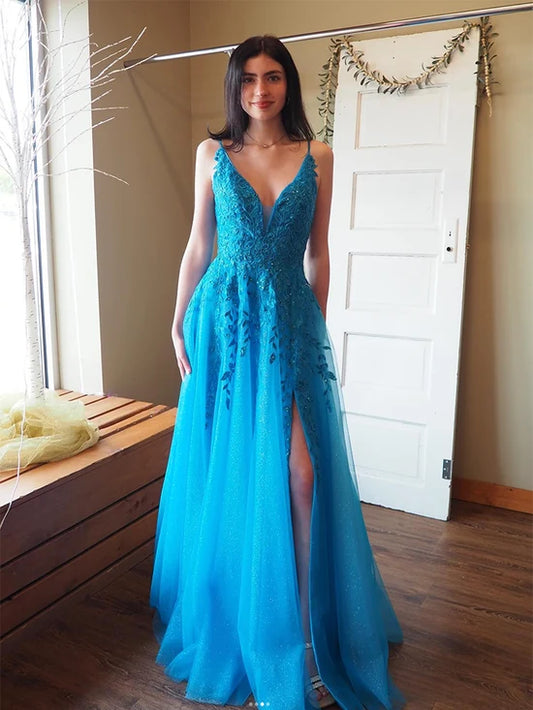 A-Line V Neck Lace Blue Long Prom Dress, Blue Long Evening Dress MD208